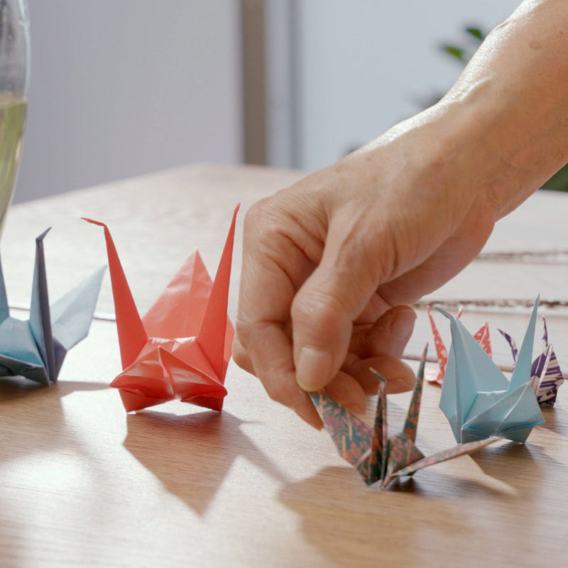 Hand holding origami cranes